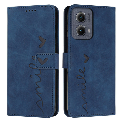 Motorola Edge 5G 2024 Skin Feel Heart Embossed Leather Phone Case with Long Lanyard - Blue