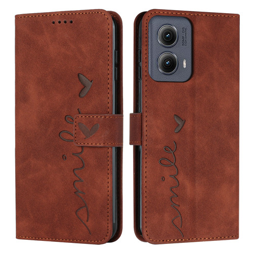 Motorola Edge 5G 2024 Skin Feel Heart Embossed Leather Phone Case with Long Lanyard - Brown