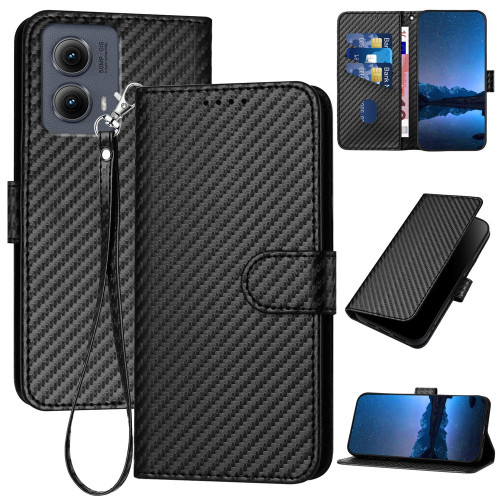 Motorola Edge 5G 2024 YX0070 Carbon Fiber Buckle Leather Phone Case with Lanyard - Black