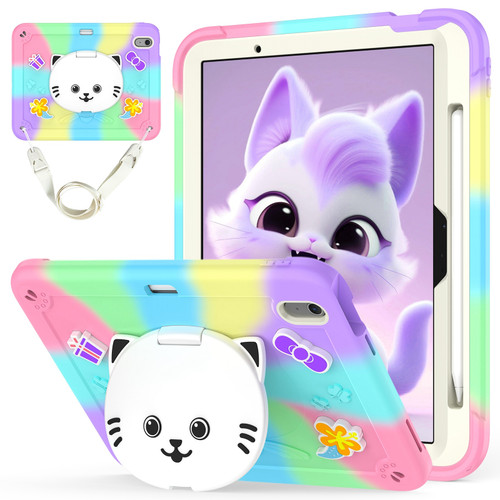 iPad Air 11 2024 Cat Holder Silicone Hybrid PC Tablet Case with Strap - Colorful Purple