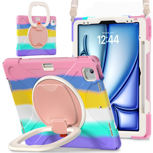 iPad Air 13 2024 Silicone Hybrid PC Tablet Case with Holder & Shoulder Strap - Colorful Pink