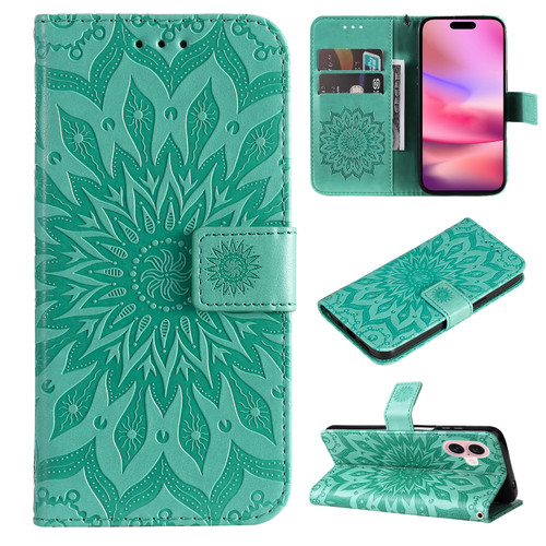 iPhone 16 Embossed Sunflower Pattern Flip Leather Phone Case - Green