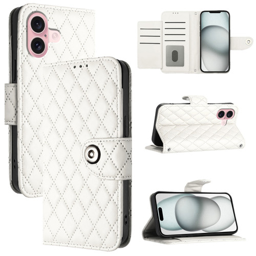 iPhone 16 Rhombic Texture Flip Leather Phone Case with Lanyard - White