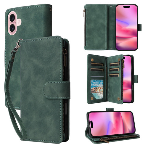 iPhone 16 Crossbody Multi-card Slot Wallet Zipper Leather Phone Case - Green