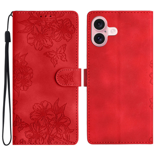 iPhone 16 Cherry Blossom Butterfly Skin Feel Embossed PU Phone Case - Red