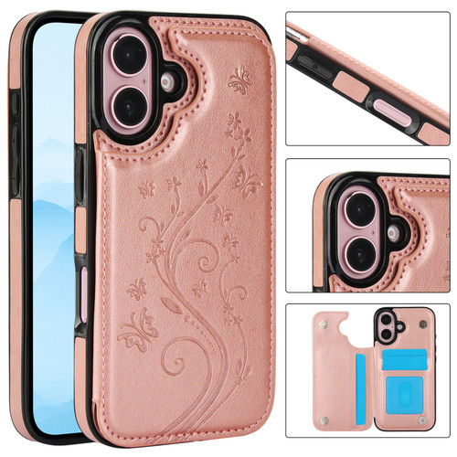 iPhone 16 Double Buckle Butterfly Embossing PU Phone Case - Rose Gold