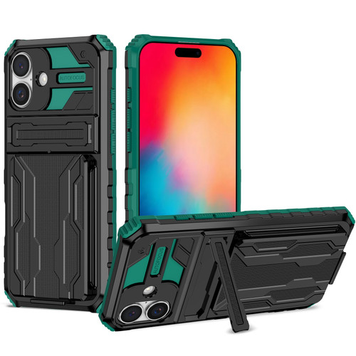 iPhone 16 Kickstand Armor Card Wallet Phone Case - Deep Green