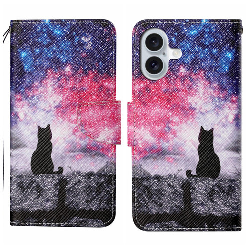 iPhone 16 3D Colored Drawing Flip Leather Phone Case - Star Cat