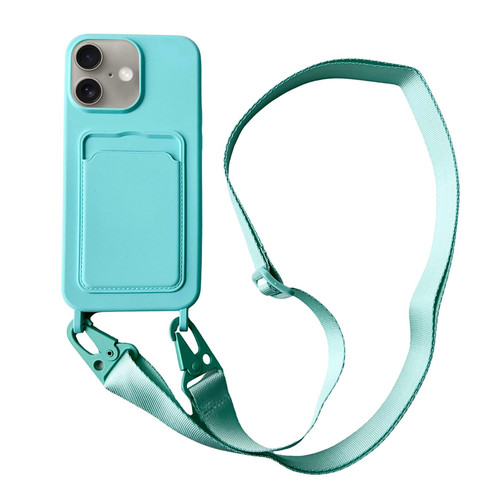 iPhone 16 Card Slot Liquid Silicone Phone Case with Lanyard - Mint Green