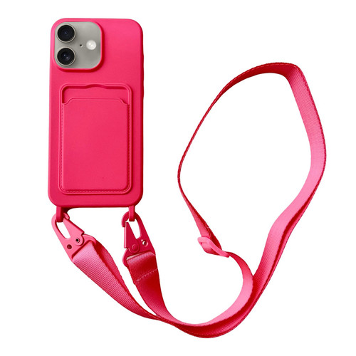 iPhone 16 Card Slot Liquid Silicone Phone Case with Lanyard - Rose Red