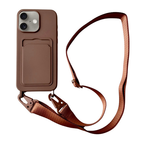 iPhone 16 Card Slot Liquid Silicone Phone Case with Lanyard - Coffee