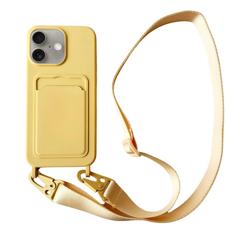 iPhone 16 Card Slot Liquid Silicone Phone Case with Lanyard - Yellow