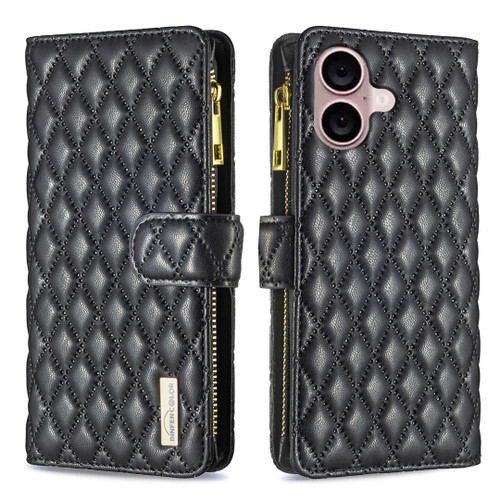 iPhone 16 Diamond Lattice Zipper Wallet Leather Flip Phone Case - Black