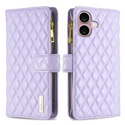 iPhone 16 Diamond Lattice Zipper Wallet Leather Flip Phone Case - Purple