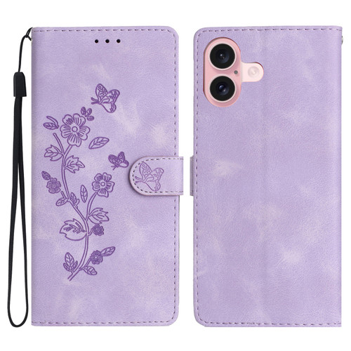 iPhone 16 Flower Butterfly Embossing Pattern Leather Phone Case - Purple