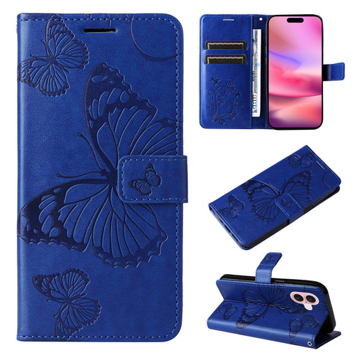 iPhone 16 3D Butterfly Embossed Pattern Flip Leather Phone Case - Blue