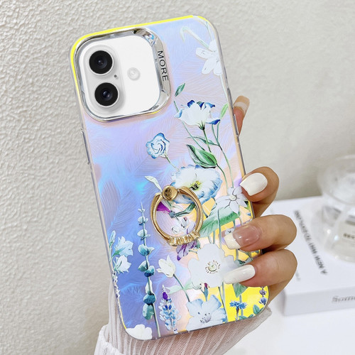 iPhone 16 Electroplating Laser Flower Ring Holder TPU Phone Case - Blue Flower AH8