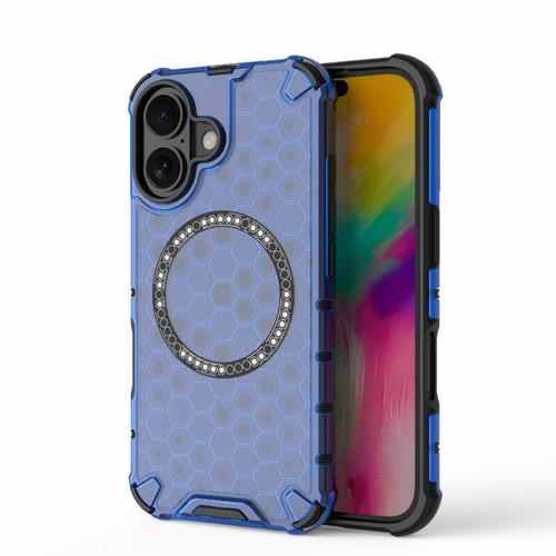 iPhone 16 Honeycomb Magnetic Ring Shockproof Phone Case - Blue