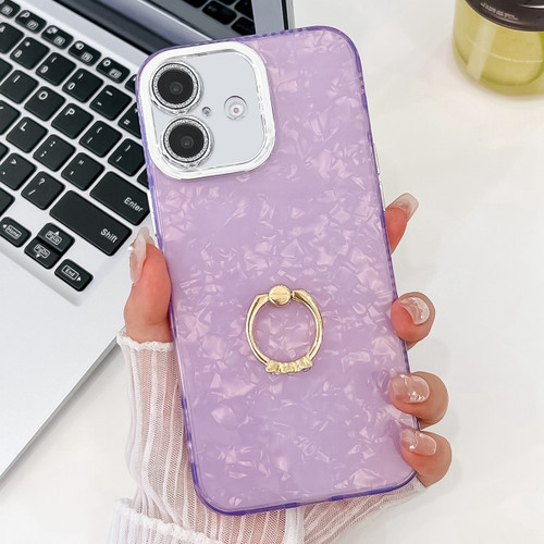 iPhone 16 Plating Glitter Texture Ring Holder TPU Phone Case with Lens Film - Purple Shell Pattern