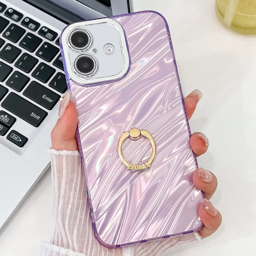 iPhone 16 Plating Glitter Texture Ring Holder TPU Phone Case with Lens Film - Purple Water Ripples