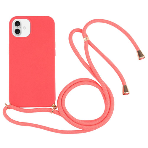 iPhone 16 Wheat Straw TPU Shockproof Phone Case with Neck Lanyard - Red