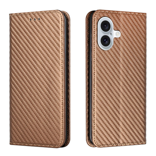 iPhone 16 Carbon Fiber Texture Magnetic Flip Leather Phone Case - Brown