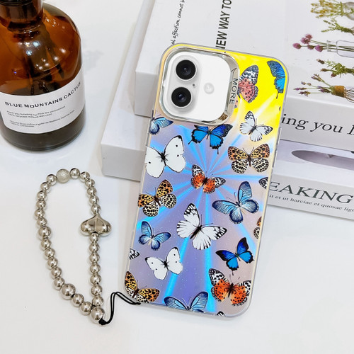 iPhone 16 Electroplating Laser Butterfly Phone Case with Wrist Strap - Color Butterflies AB1