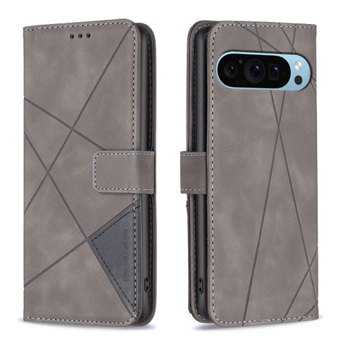 Google Pixel 9 Magnetic Buckle Rhombus Texture Leather Phone Case - Grey