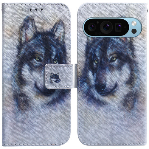 Google Pixel 9 Pro Coloured Drawing Flip Leather Phone Case - White Wolf