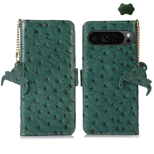 Google Pixel 9 Pro Ostrich Pattern Genuine Leather RFID Phone Case - Green