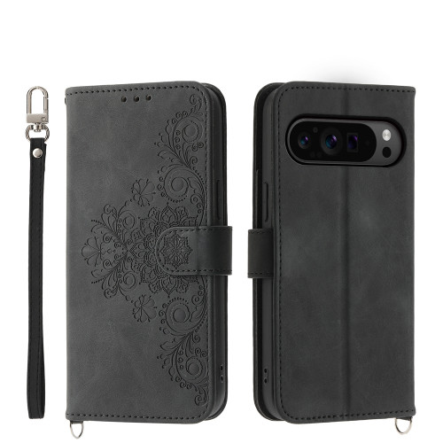 Google Pixel 9 Pro Skin-feel Flowers Embossed Wallet Leather Phone Case - Black