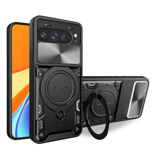 Google Pixel 9 Pro XL CD Texture Sliding Camshield Magnetic Holder Phone Case - Black