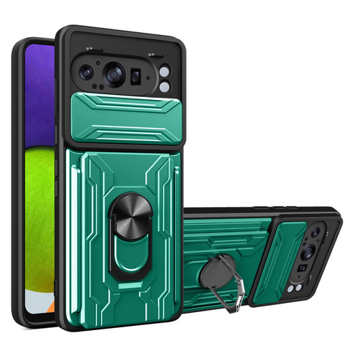 Google Pixel 9 Pro XL Sliding Camshield TPU+PC Phone Case with Card Slot - Dark Green