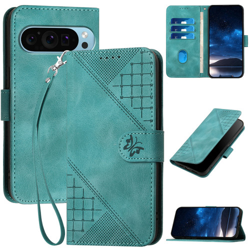 Google Pixel 9 Pro XL YX0080 Grid Butterfly Embossed Pattern Flip Leather Phone Case with Lanyard - Light Blue