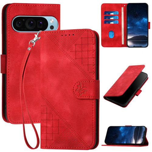 Google Pixel 9 Pro XL YX0080 Grid Butterfly Embossed Pattern Flip Leather Phone Case with Lanyard - Red