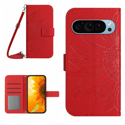 Google Pixel 9 Skin Feel Sun Flower Embossed Flip Leather Phone Case with Lanyard - Red