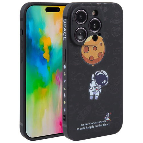 iPhone 16 Pro Max Astronaut Pattern Silicone Straight Edge Phone Case - Planet Landing-Black