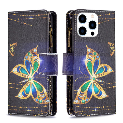 iPhone 16 Pro Max Colored Drawing Pattern Zipper Phone Leather Case - Big Butterfly