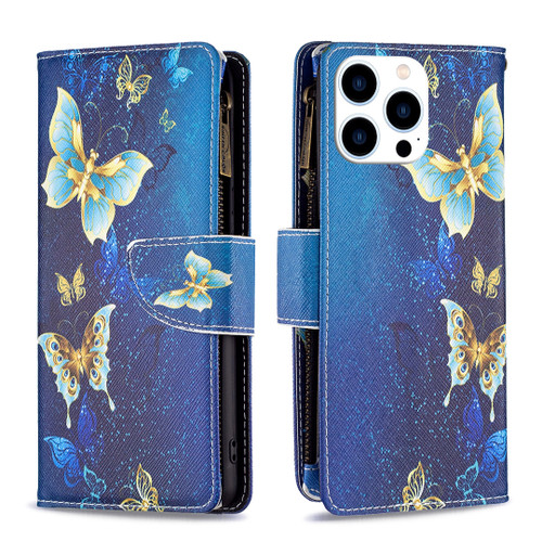 iPhone 16 Pro Max Colored Drawing Pattern Zipper Phone Leather Case - Gold Butterfly