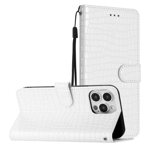 iPhone 16 Pro Max Crocodile Texture Horizontal Flip Leather Phone Case - White