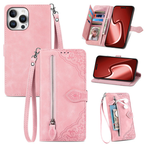 iPhone 16 Pro Max Embossed Flower Zipper Leather Phone Case - Pink