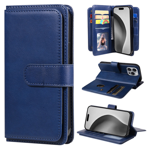 iPhone 16 Pro Max Multi-Function Wallet 10 Card Slots Leather Phone Case - Dark Blue