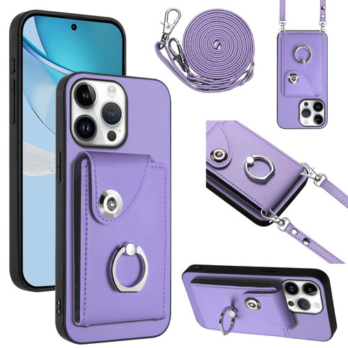 iPhone 16 Pro Max Organ Card Bag Ring Holder Phone Case with Long Lanyard - Purple