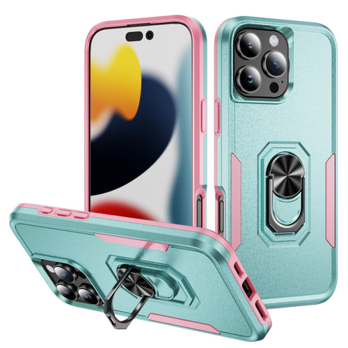 iPhone 16 Pro Max Pioneer Armor Heavy Duty PC + TPU Phone Case with Holder - Green+Pink