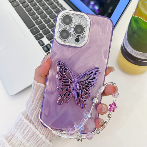 iPhone 16 Pro Max Plating Glitter Lens Film Texture Butterfly Holder Wristband Phone Case - Purple Feather Yarn