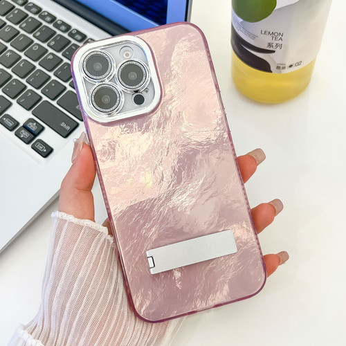 iPhone 16 Pro Max Plating Glitter Texture Fold Holder TPU Phone Case with Lens Film - Pink Tinfoil Texture