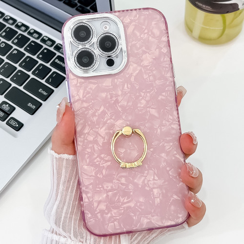 iPhone 16 Pro Max Plating Glitter Texture Ring Holder TPU Phone Case with Lens Film - Pink Shell Pattern