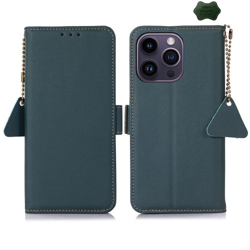 iPhone 16 Pro Max Side-Magnetic TJ Genuine Leather RFID Phone Case - Green