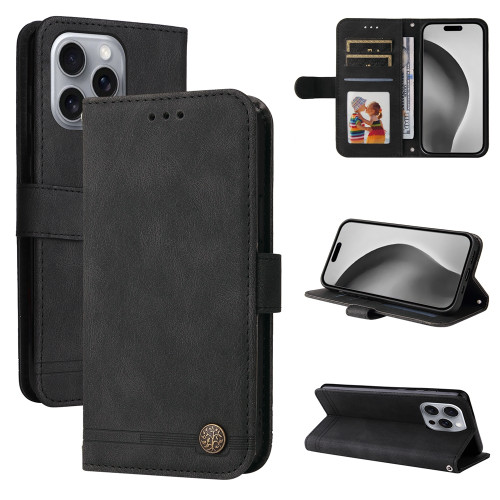 iPhone 16 Pro Max Skin Feel Life Tree Leather Phone Case - Black