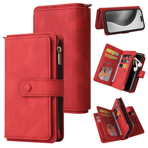 iPhone 16 Pro Max Skin Feel Multi Card Slots Zipper Wallet Leather Phone Case - Red